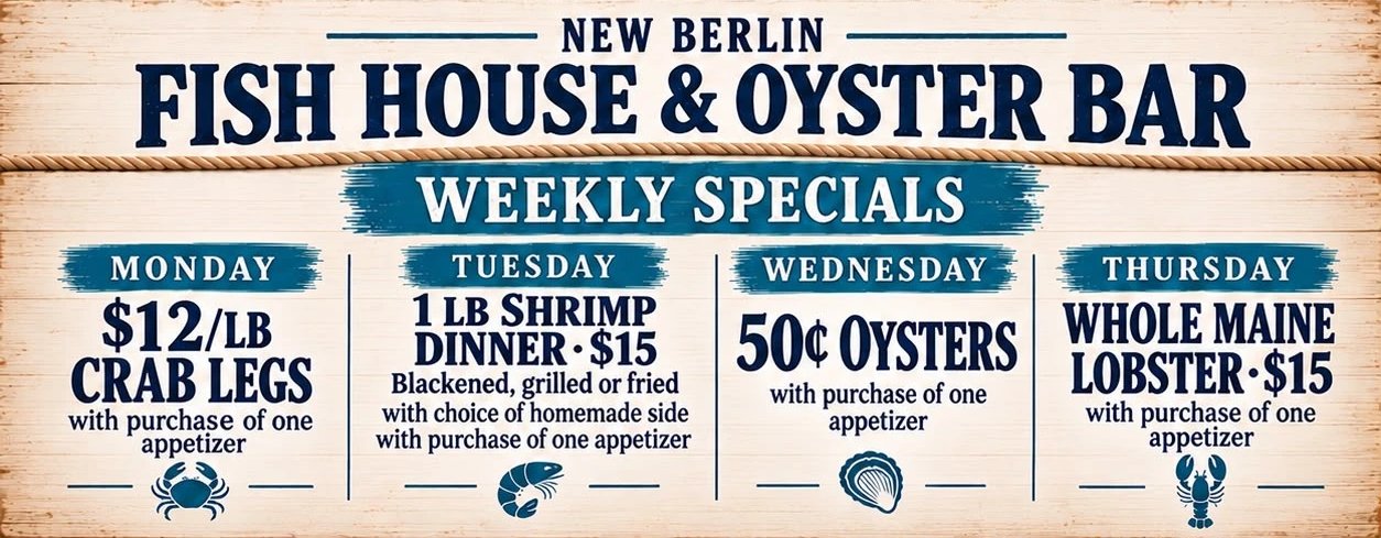 New Berlin Fish House weekly specials: Monday $12 per pound crab legs, Tuesday 1 pound shrimp dinner $15, Wednesday 50 cent oysters, Thursday whole Maine lobster $15, each with purchase of one appetizer